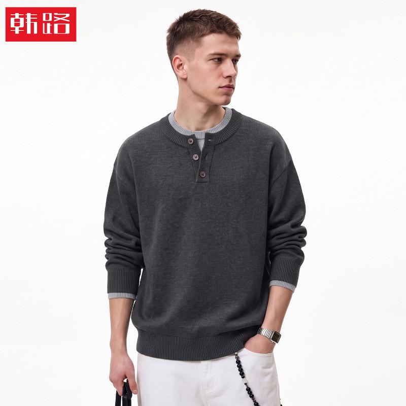 Han Lu | Men's autumn Japanese-style retro loose casual pullover sweater with a two-tone Henley collar