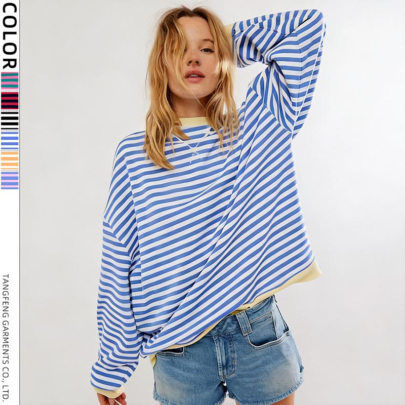 Cross-Border Foreign Trade Amazon Temu Hot-Selling European and American Autumn and Winter New Striped Round-Neck Loose Long-Sleeve Sweatshirt Jacket for Women