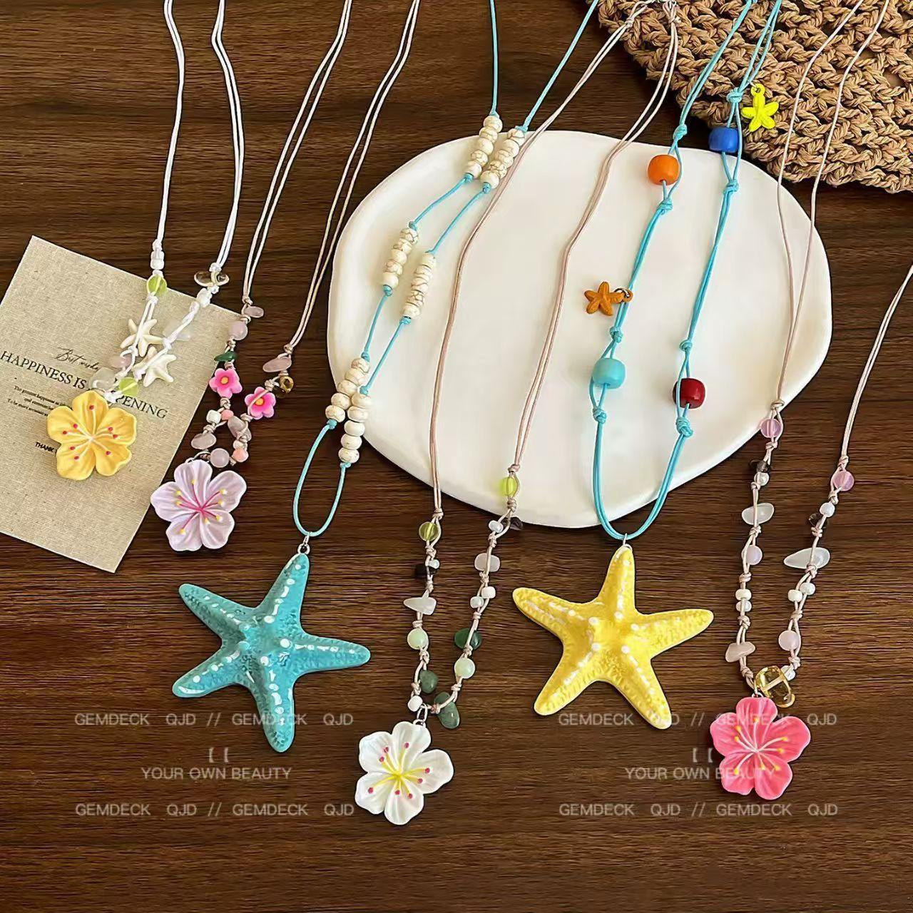 Long beaded starfish and flower handmade necklace for women, seaside island vacation style versatile collarbone chain accessory