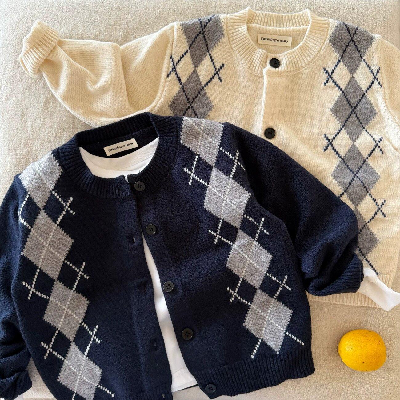 Children's Knitted Cardigan for Boys, Spring and Autumn 2026 New Style, Little Kids' Diamond Pattern Sweater, High Elasticity, Trendy Baby Coat for Girls, Stylish