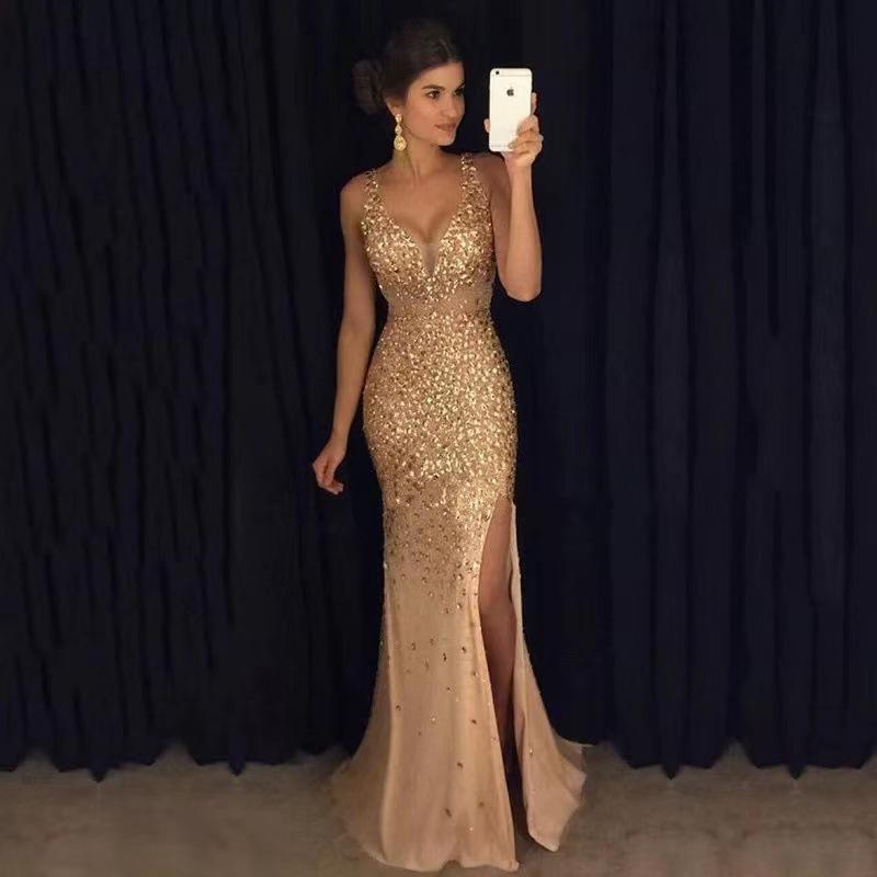 2026 Autumn and Winter New European and American Foreign Trade Amazon Cross-Border New Slit Dress with Gold Stamping Long Dress Evening Gown