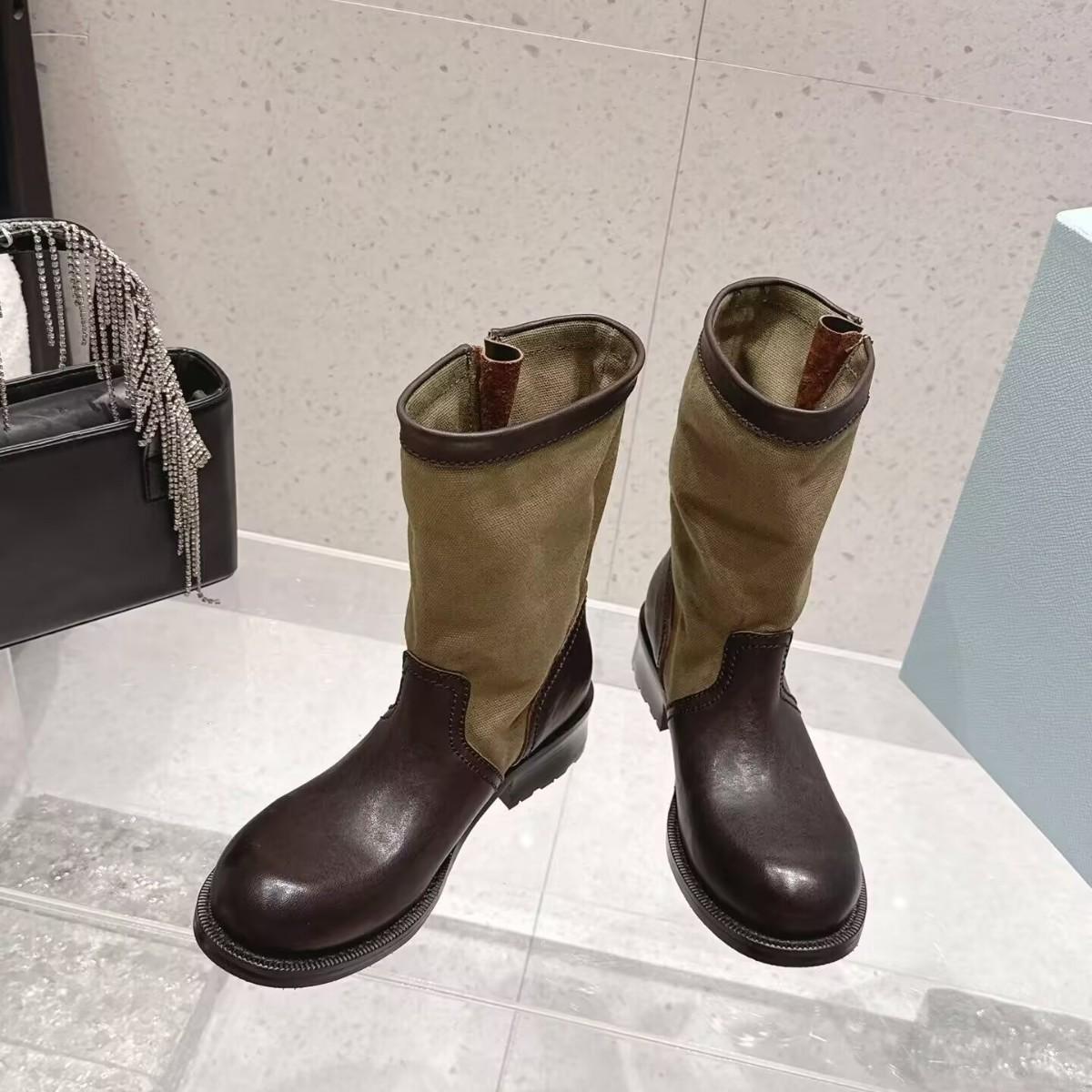Vintage Belt Buckle Canvas and Leather Mid-Calf Boots for Women, 2026 Spring New Style, Chunky Heel Western Cowboy Boots, Slouchy Boots