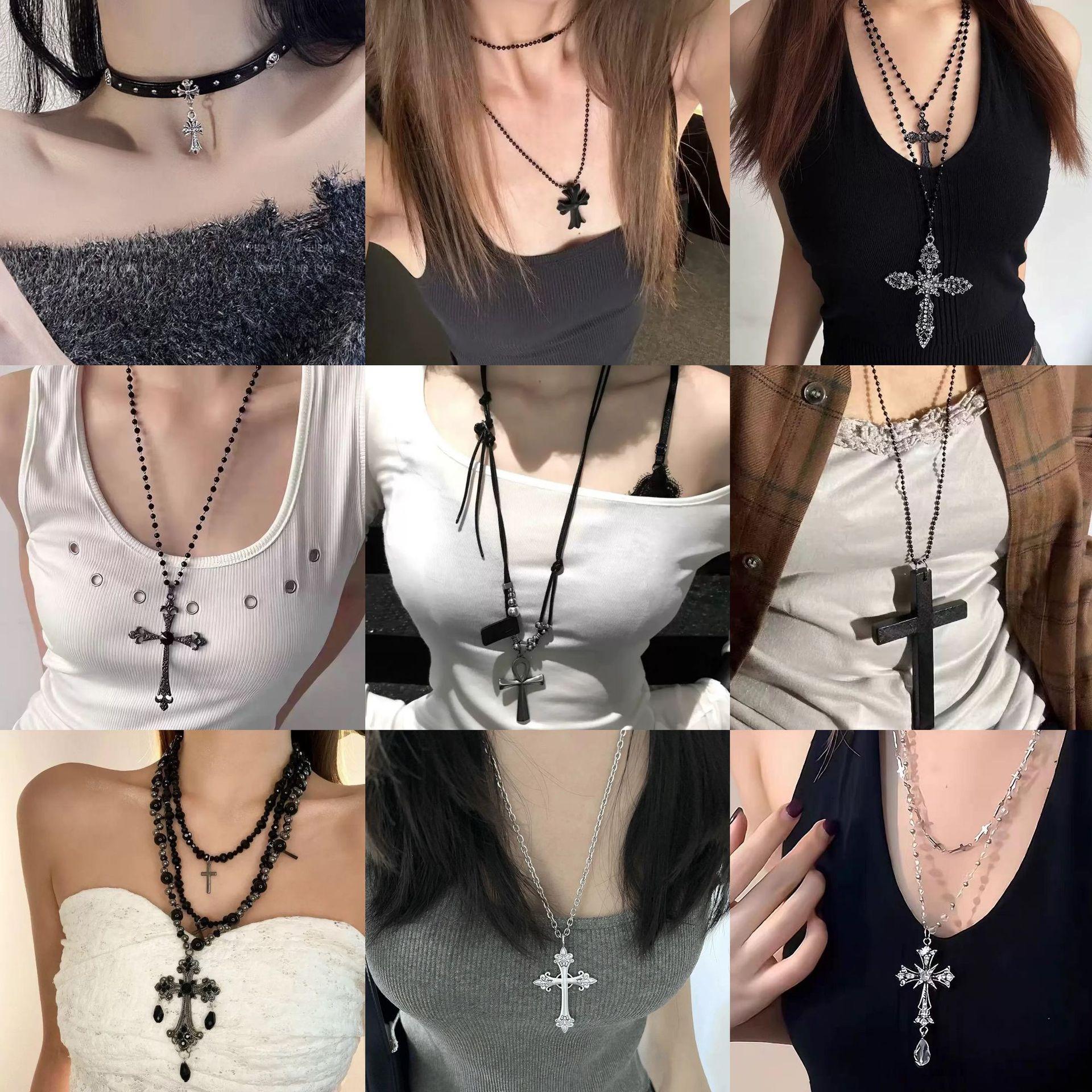 Trendy Retro Dark Cross Beaded Necklace Niche Long Style Subculture Spicy Girl Beads High-End Sweater Chain