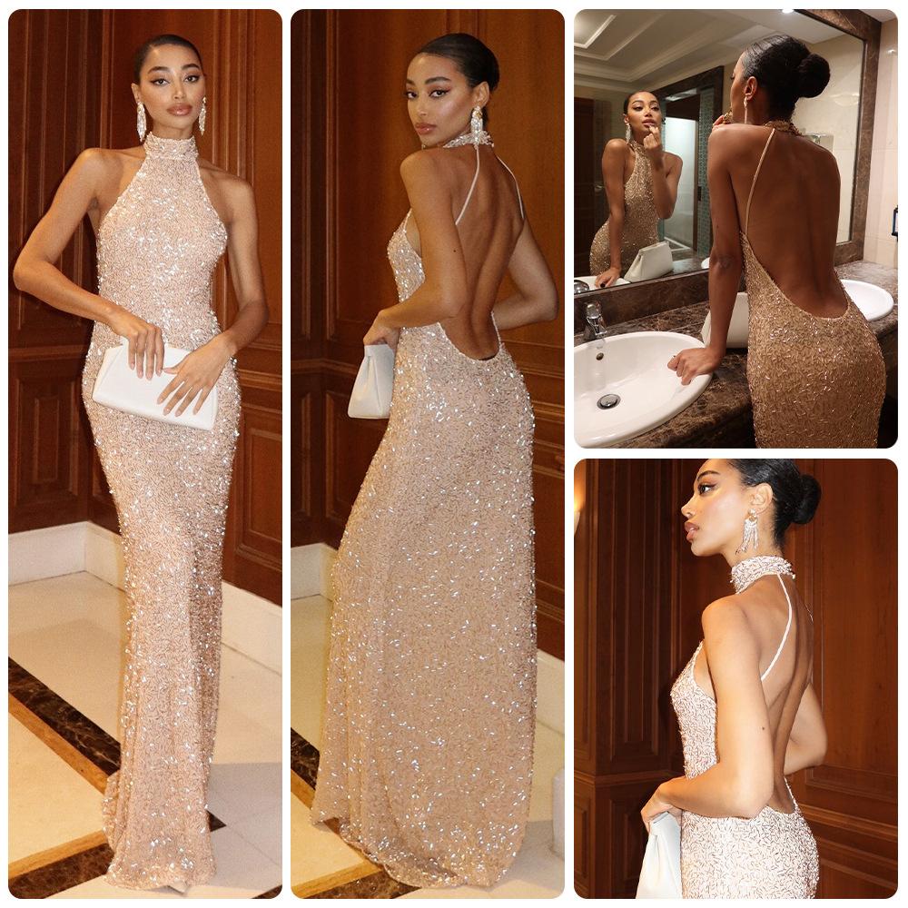 European and American Cross-Border 2026 New Foreign Trade Model Champagne-Colored Halter Neck Sequin Sparkling Beaded Elegant Evening Dress