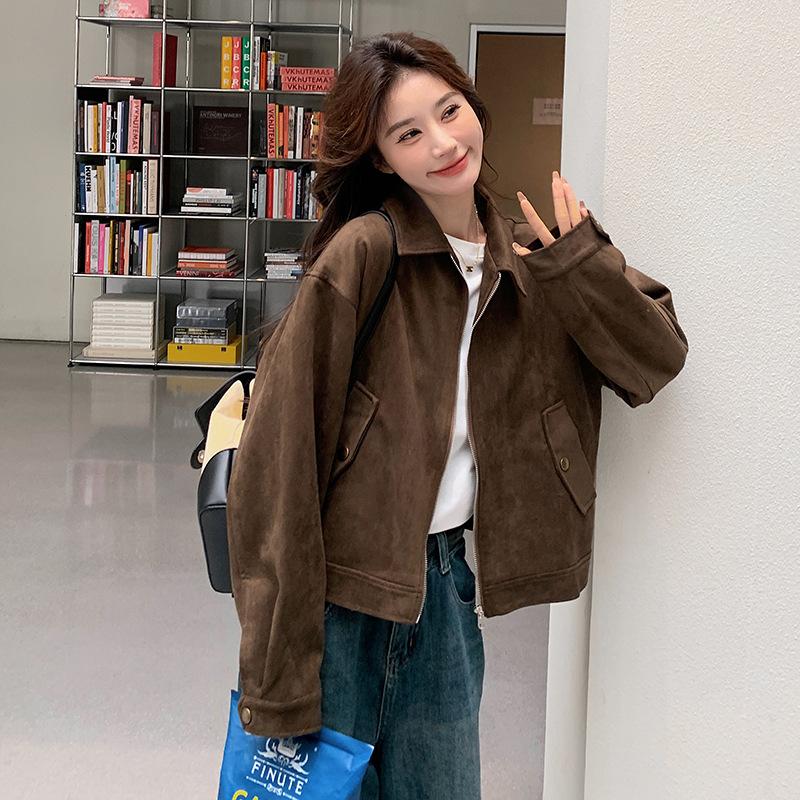 Maillard Short Suede Jacket for Women, Spring & Fall American Retro Lazy Chic, Cool and Sassy Leather Jacket
