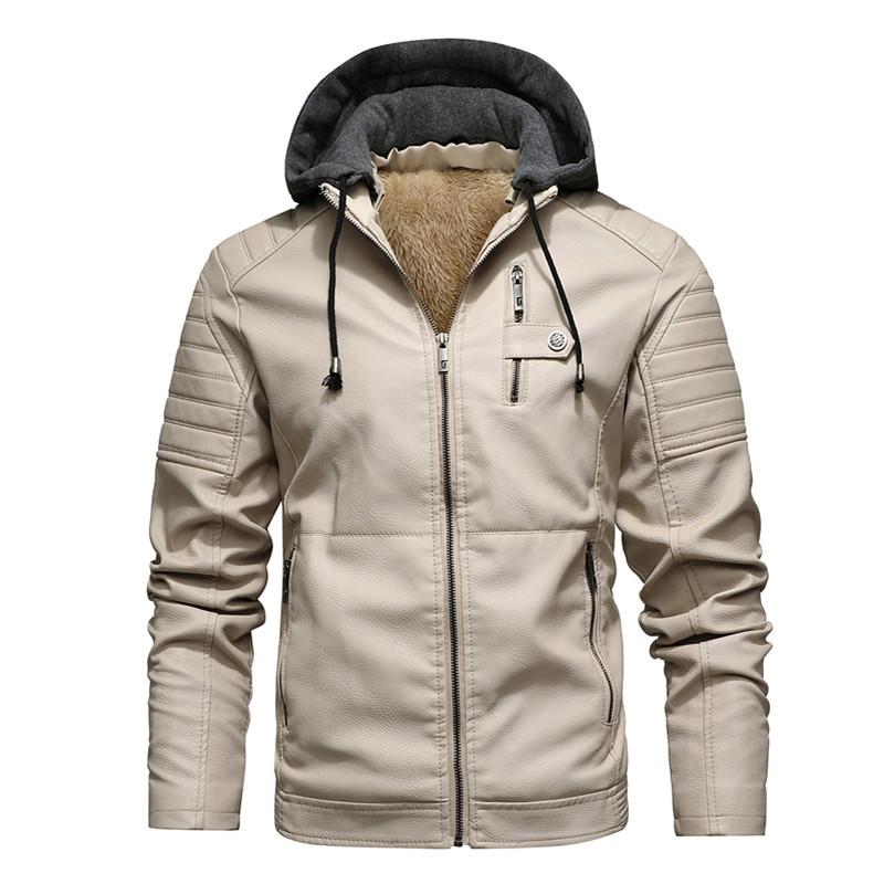 2026 Youth Men's Leather Jacket Autumn/Winter Men's Fleece-Lined Thickened Hooded Zipper Leather Jacket with Stand Collar Men's Coat Style