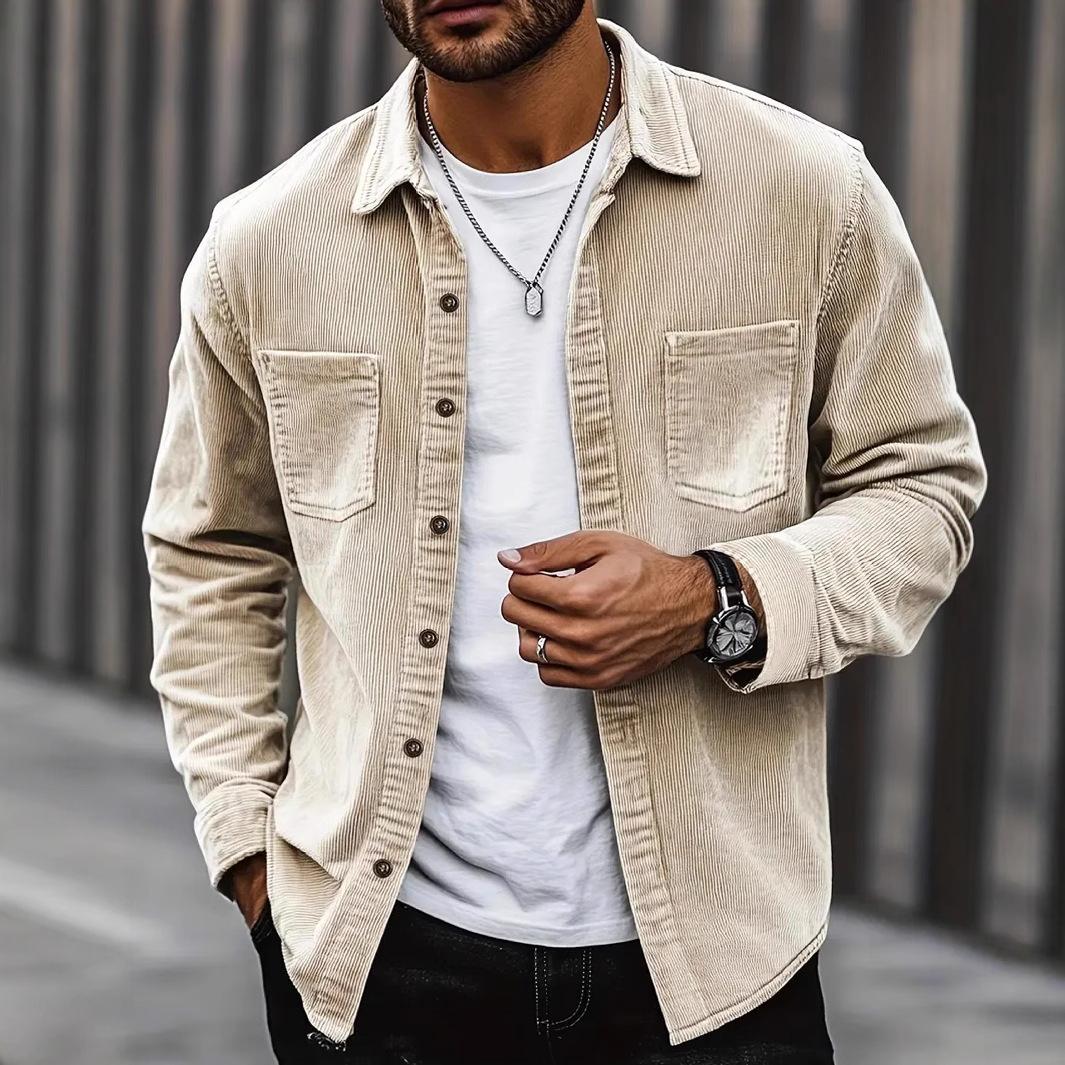 Factory Direct Supply Cross-Border Men's Corduroy Shirt Long Sleeve 2026 New Style Business Casual Slim Fit Solid Color Non-Iron Men's Shirt
