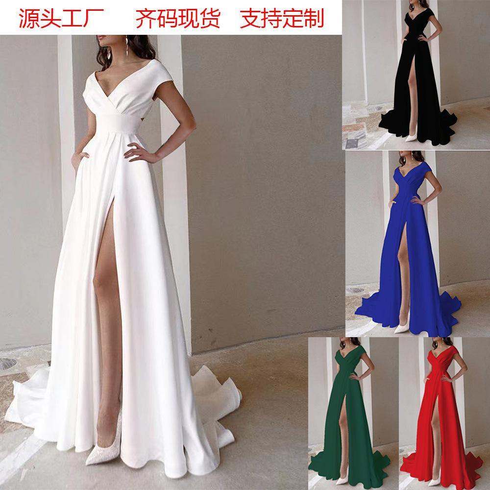2026 Cross-Border Ruffled Red, Black, and White Mid-Waist Solid Color Elegant Commuter Long Dress Evening Gown