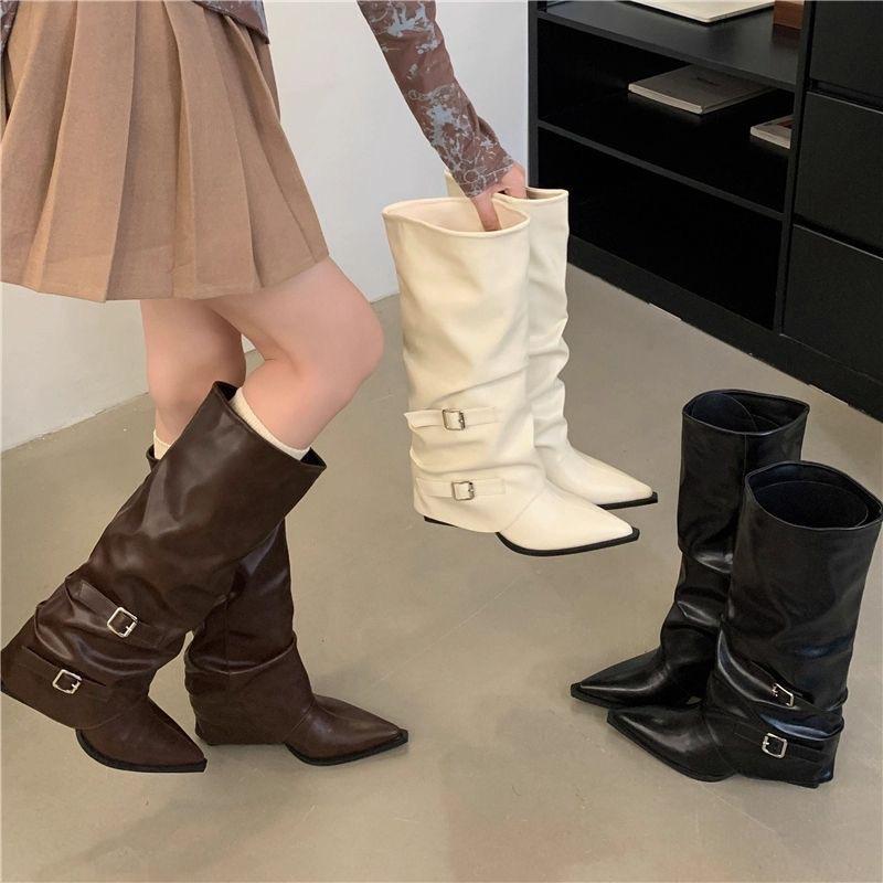 Soft Leather Pointed Toe Pants Boots for Women, Pleated Pile Boots, Thick Heel Punk Style Knight Boots, Street Hot Girl High Heel Boots