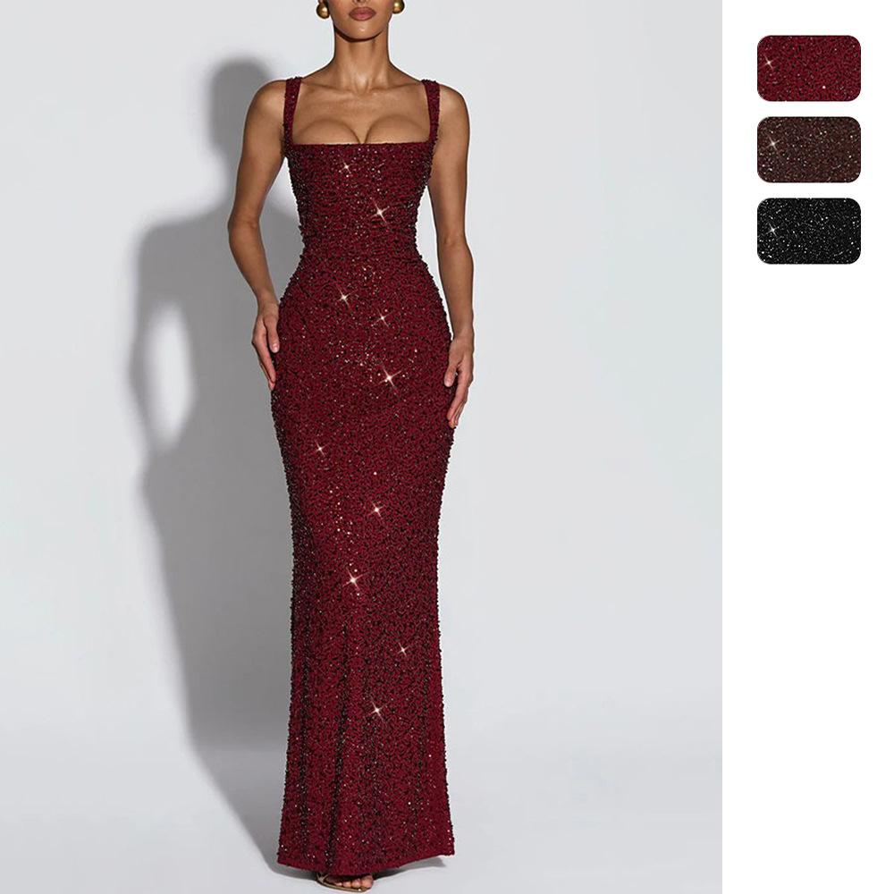 Independent Site Amazon European and American Women's Clothing Sequined Strapless Slim-Fit Tie-Up Sleeveless Fashion Dress Evening Gown 8228