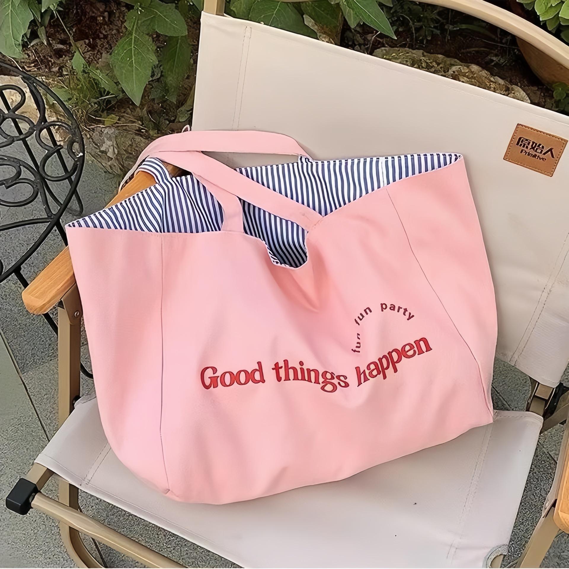 Large Capacity Tote Bag, Reversible Striped Shoulder Bag, Textured Lettering, College Student Canvas Bag, Women's Commuter Bag