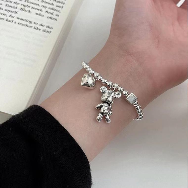 Mechanical Bear Heart Bracelet Ins Niche Elastic Cord Beaded Bracelet Couple Stainless Steel Jewelry Wholesale Chain