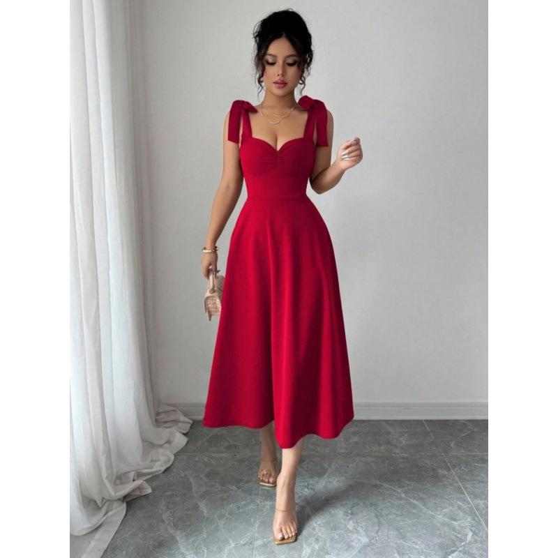 Amazon Cross-Border European and American 2026 Summer New Style Elegant and Fashionable Solid Color Strap Dress Long Dress