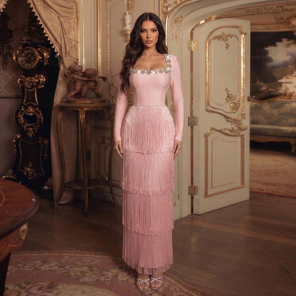 European and American Style Tassel-Studded Sexy Long-Sleeve Bodycon Dress, Elegant Bandage Dress for Ladies, Evening Gown