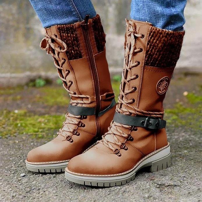 Cross-border large size mid-tube women's boots 2024 winter new round toe square heel leather buckle wool stitching Martin boots Amazon