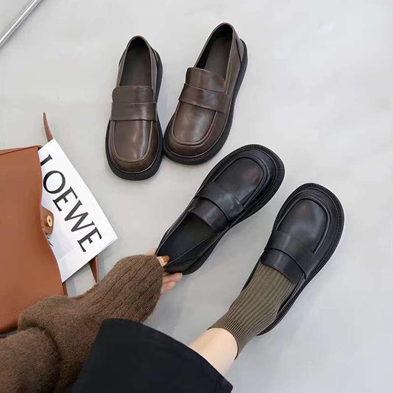 Soft-Soled Black Leather Shoes for Women 2026 New Style Slip-On Work Shoes British Style Loafers Flat Shoes Versatile