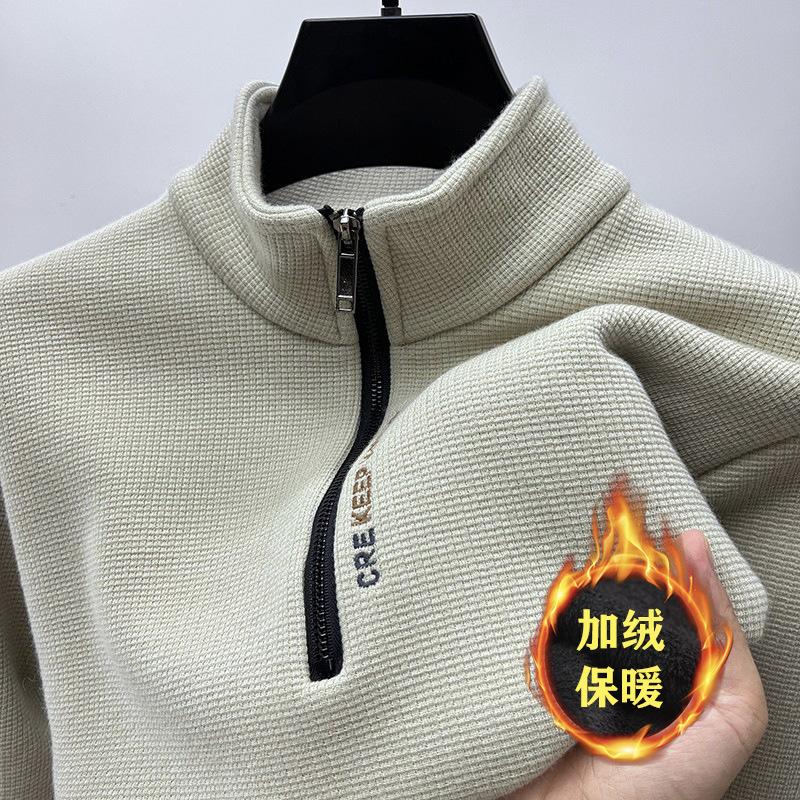 Vertical collar fleece-lined thickened zipper sweater men's 2024 autumn and winter new high-end warm long sleeve outer wear top