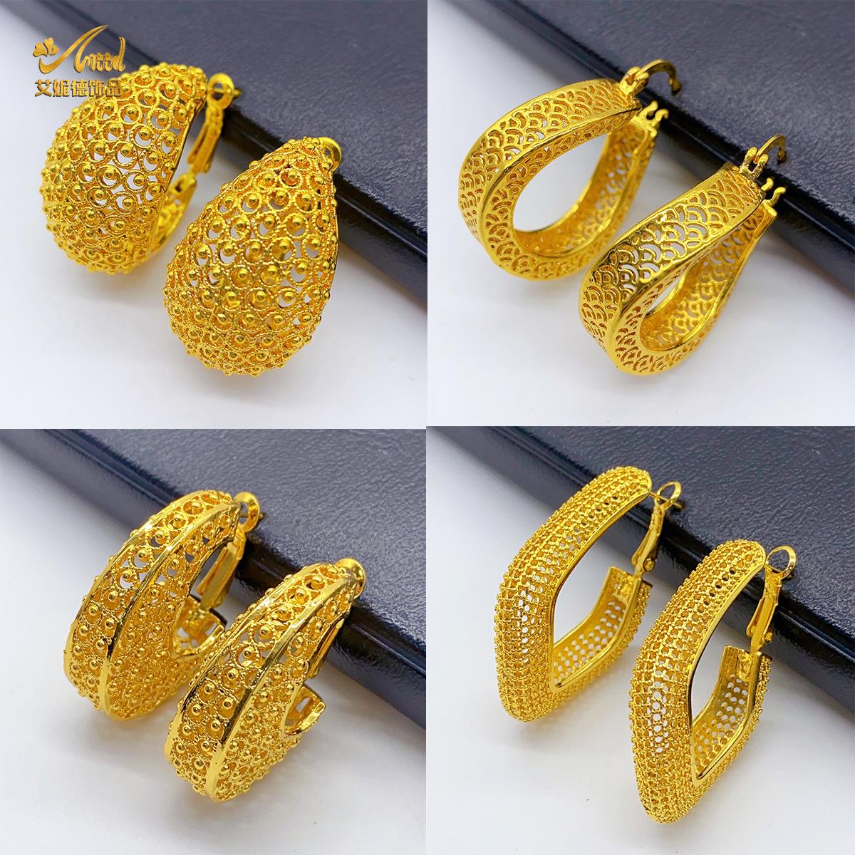 Dubai Bridal Jewelry 24K Gold Plated Earrings Exaggerated Retro Nigeria Women's Personality Simple Earrings Wholesale