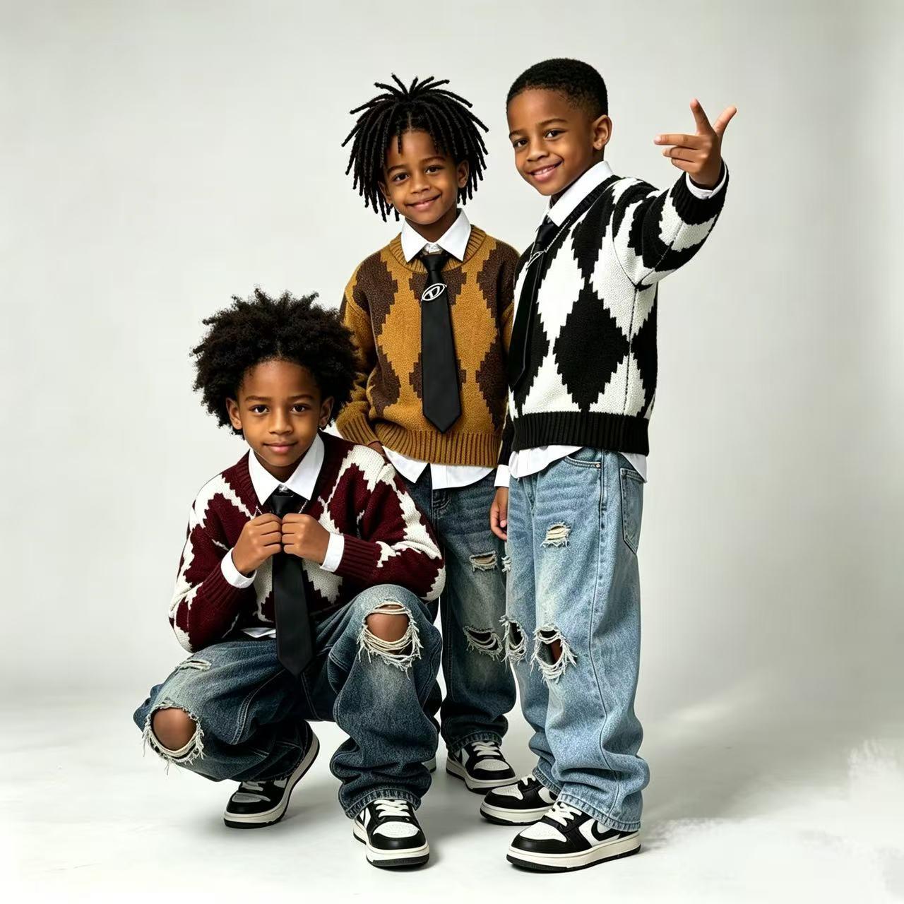 Korean-style diamond-pattern boys' sweater, new autumn and winter base shirt, boys' pullover, Korean-style stylish and warm baby top