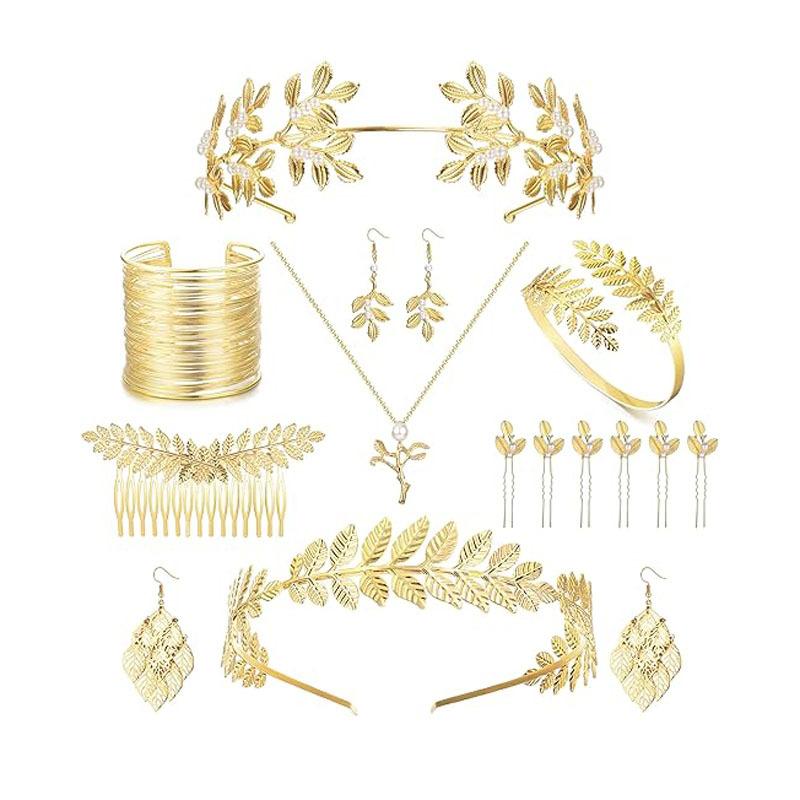 Cross-border jewelry European and American bride leaves hairband baroque golden leaves headdress bracelet earrings arm ring suit