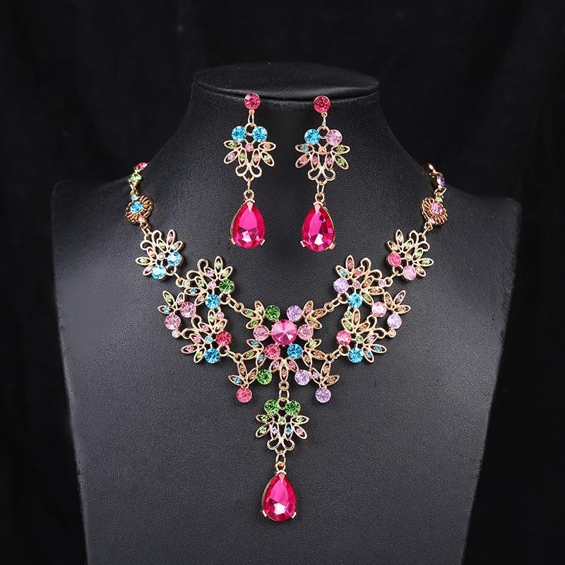 European and American Cross-border Exaggerated Jewelry Color Necklace Earrings suit Gems Female Bride Accessories Wedding Dress Korean Rhinestones