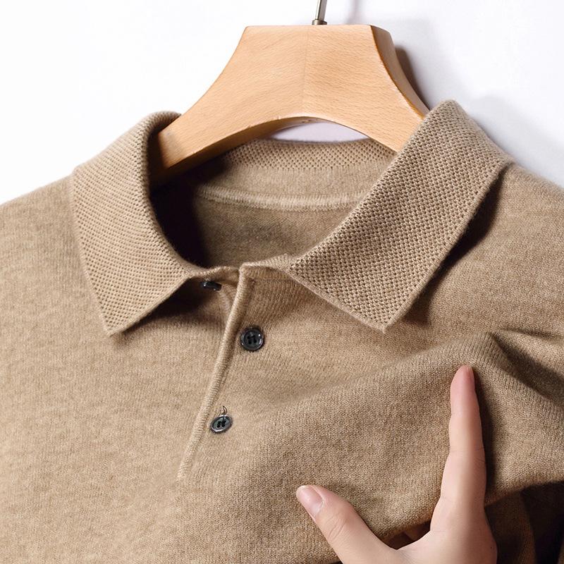 New Cross-Border Autumn and Winter Wool Lapel Long-Sleeved Men's Knitted Polo Shirt Pure Color Middle-Aged Bottoming Sweater Men's Clothing
