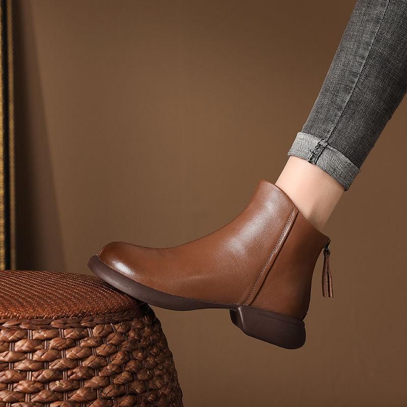 [Four Seasons Explosions] Short Barrel Martin Boots Women's 2024 New Rear Zipper Flat Soft Short Boots Women's Leather Boots