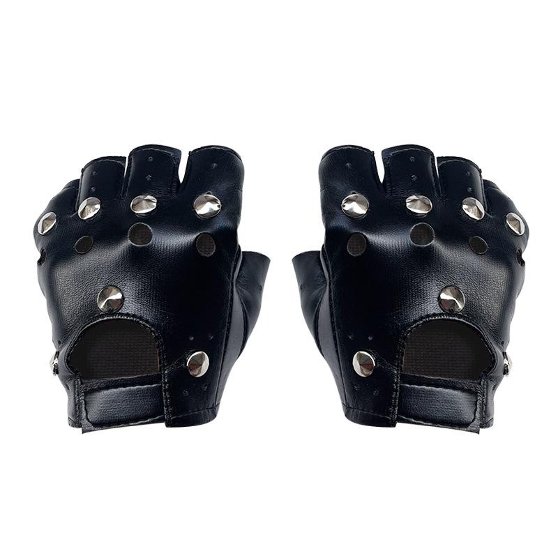 Black Rivet Half-Finger Leather Gloves for Men, Sexy Nightclub Pole Dance Performance Celebrity Style Dance Gloves