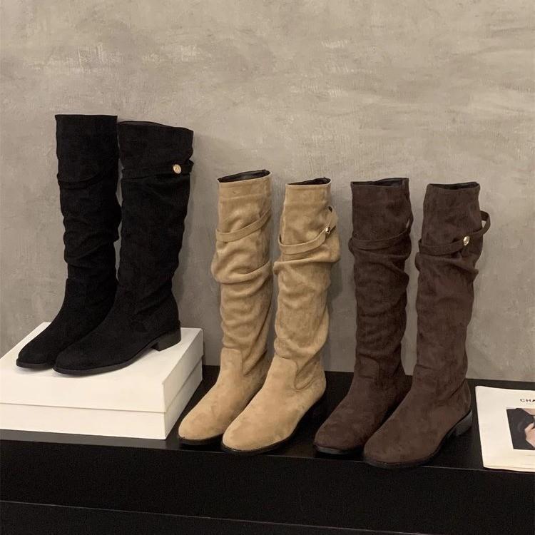 Suede slim-fit boots in khaki color, stacked riding boots for women, 2026 new autumn and winter slim high-tube chunky heel long boots