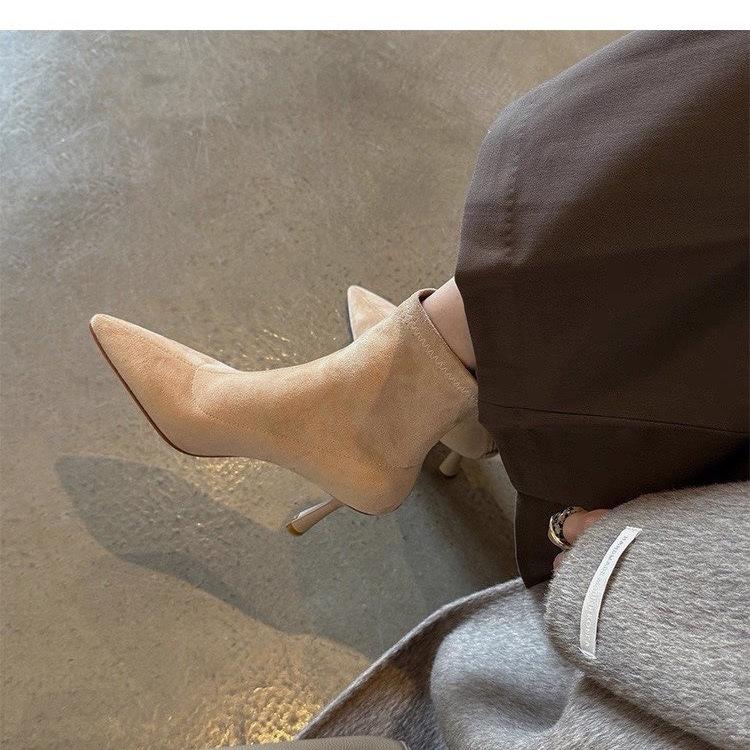 Pointed Toe High Heels for Women 2025 New Autumn and Winter Stiletto Suede Short Boots Fleece-Lined Small Elastic Slim Boots