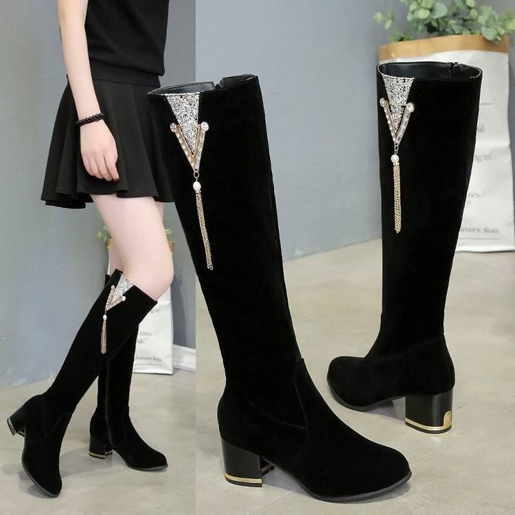 2025 New Autumn and Winter Boots, Thick Heel, High Heel, Nubuck Leather Women's Boots, Side Zipper, Fleece-Lined, Warm, High-Tube Slimming Boots for Women