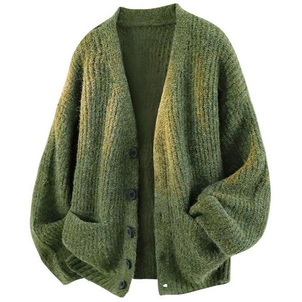 Lazy style green deep V-neck knitted cardigan sweater for men, new autumn collection, relaxed fit, casual layering, thickened outerwear