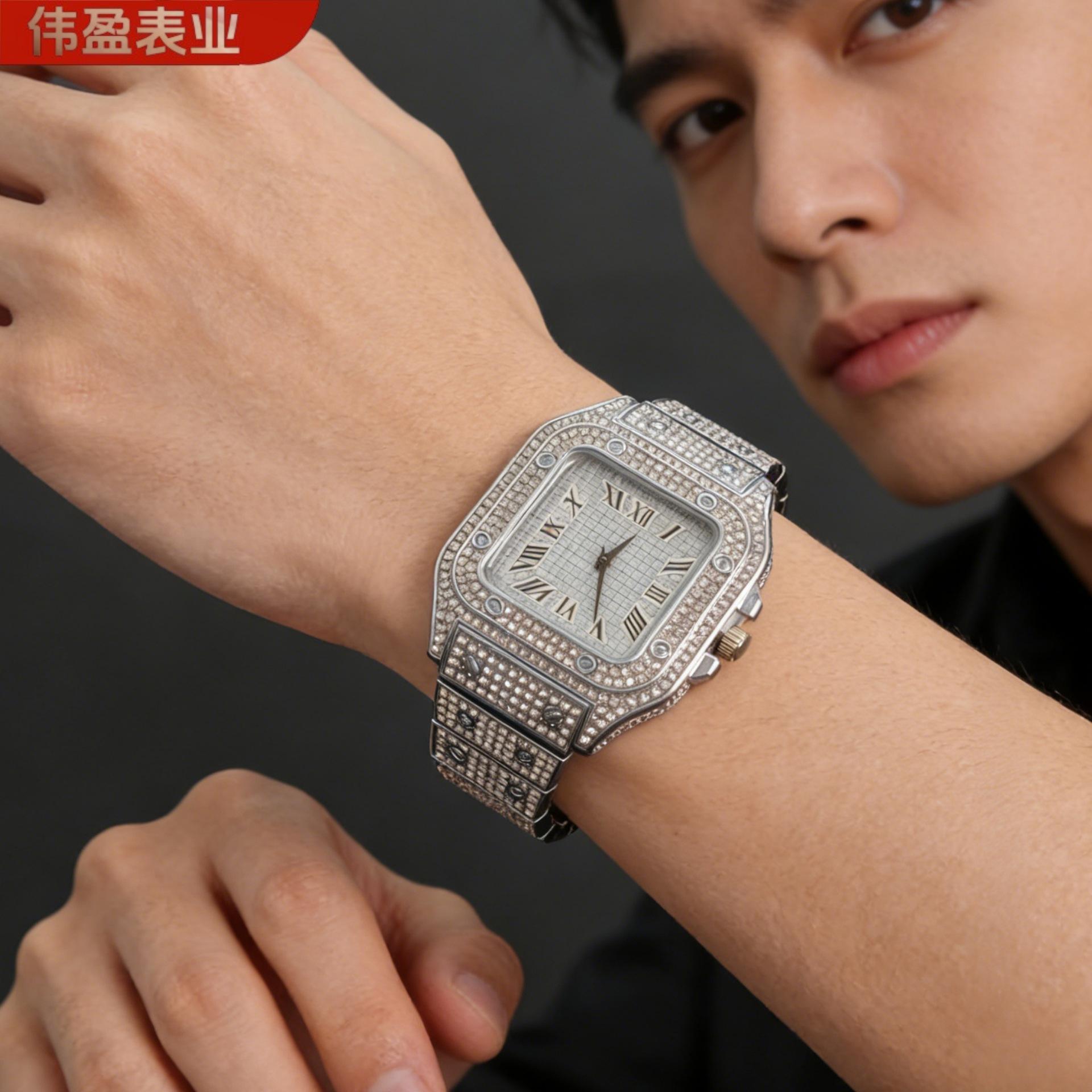 Men's Luxury Rhinestone Square Dial Quartz Watch Alloy Fashion Diamond-Encrusted Roman Classic Gift Watch