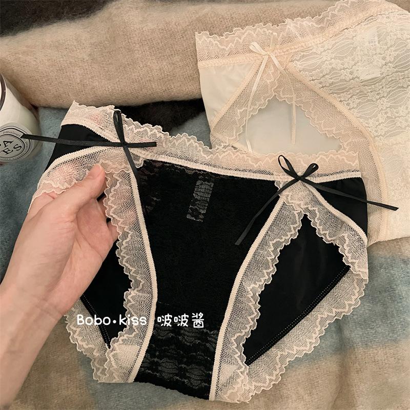 Pure Desire Lace Panties Women's Mid-Waist Sexy Bow Mesh Breathable Soft Thin French Hip Lift Women's Briefs