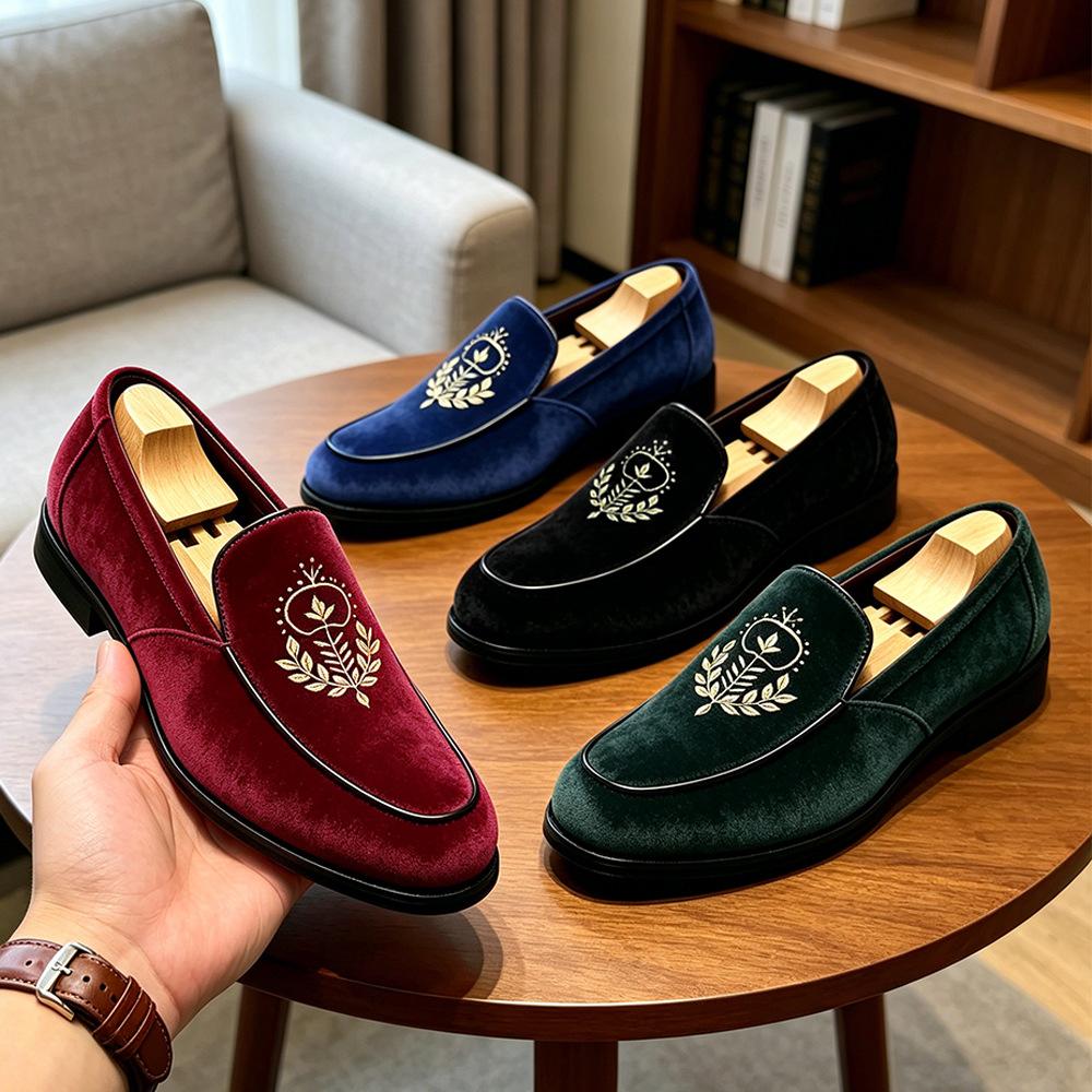 Cross-border large-size men's embroidered loafers, old money style slip-on casual leather shoes, direct supply from European and American foreign trade factories