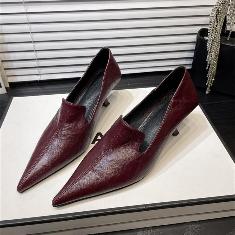 Ankela Red Stiletto Heel Deep-Cut Pointed-Toe Professional Commuting Shoes for Women 2025 New Model Burgundy Soft Leather High-Heeled Leather Shoes