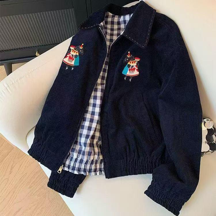 Patchwork Plaid Embroidered Corduroy Lapel Jacket for Women 2025 Spring New Vintage Casual Versatile Short Jacket