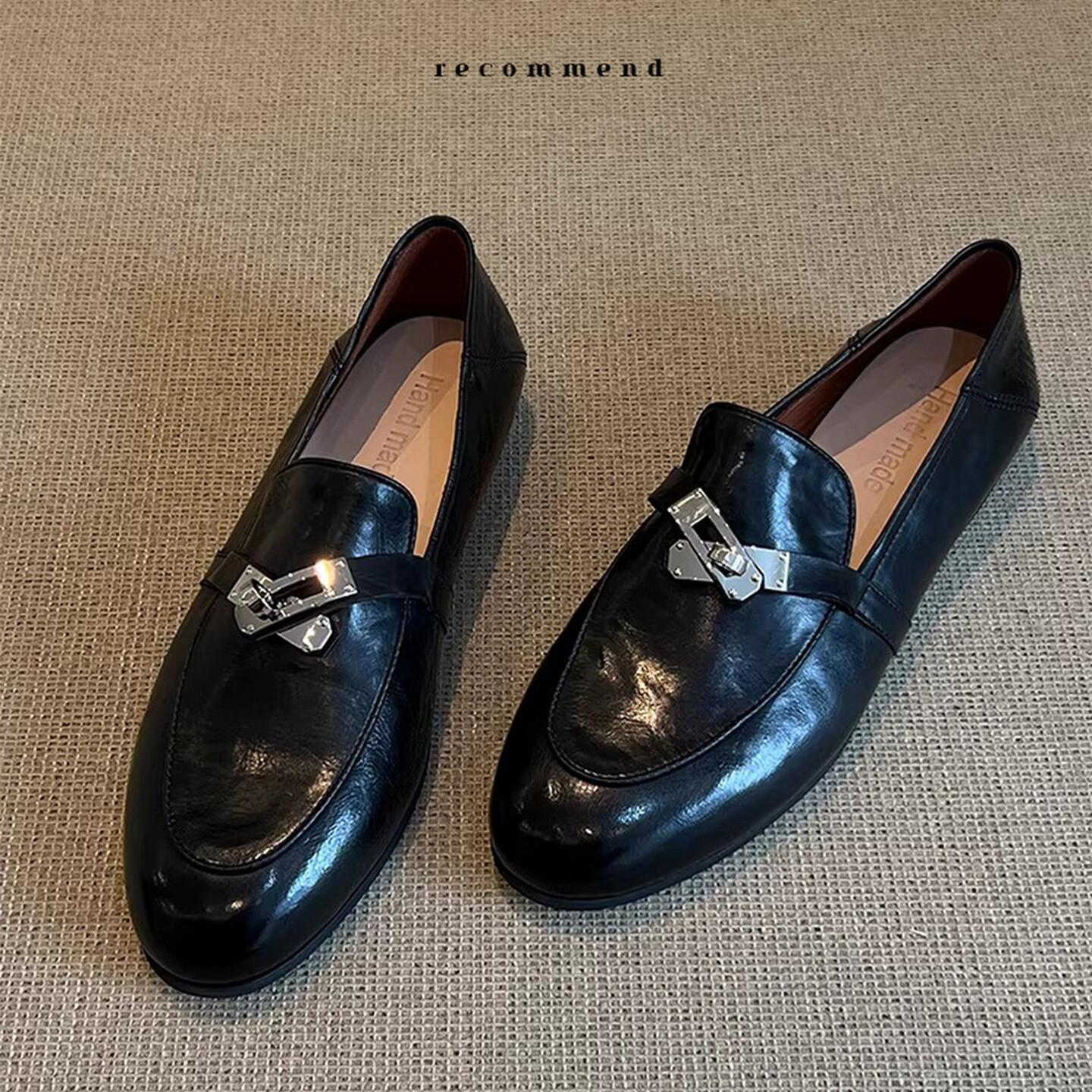 Cowhide Version~Vintage Buckle Design Versatile Slip-On Loafers with Horsebit Buckle Flat Leather Shoes