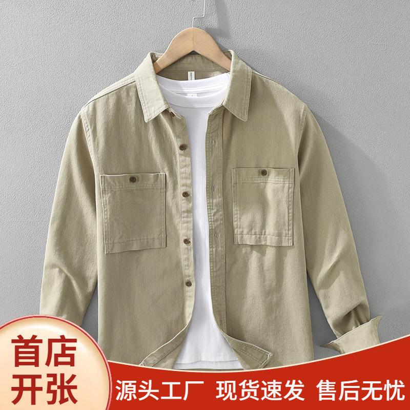 Japanese-Style Workwear Long-Sleeve Shirt for Men, Casual Loose Hong Kong Fashion Brand Thick Top Jacket, Pure Cotton Heavy Wash
