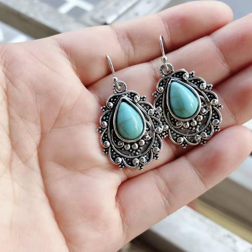 Bohemian Turquoise Beaded Bracelet Ethnic Style Earrings Earrings Ancient Silver European and American Turquoise Bracelet Hollow Wholesale