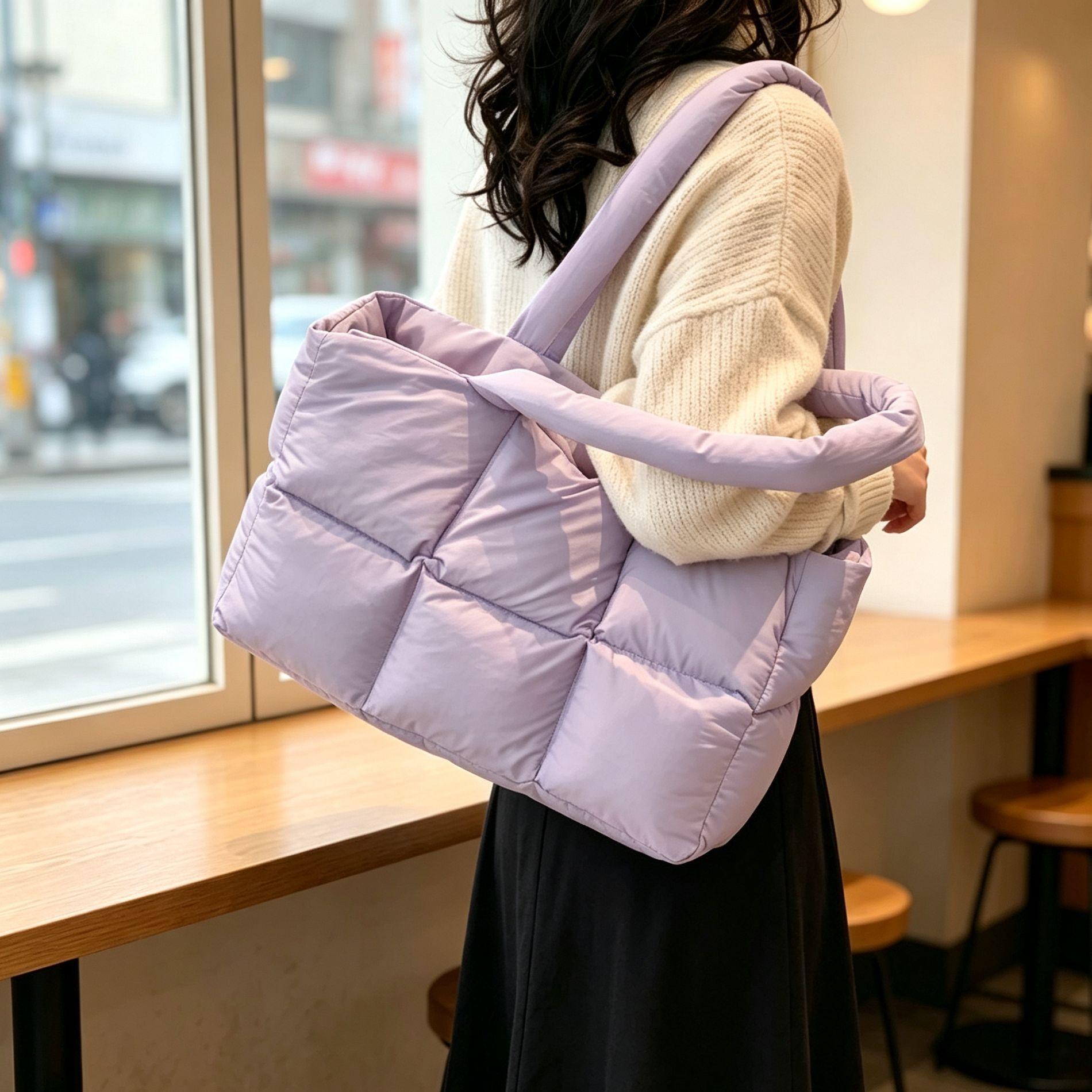 Cross-Border Korean-Style down Bag, Versatile Women's Bag, Simple Cotton-Filled Space Bag, Tote Bag, Soft Checkered Underarm Shoulder Bag