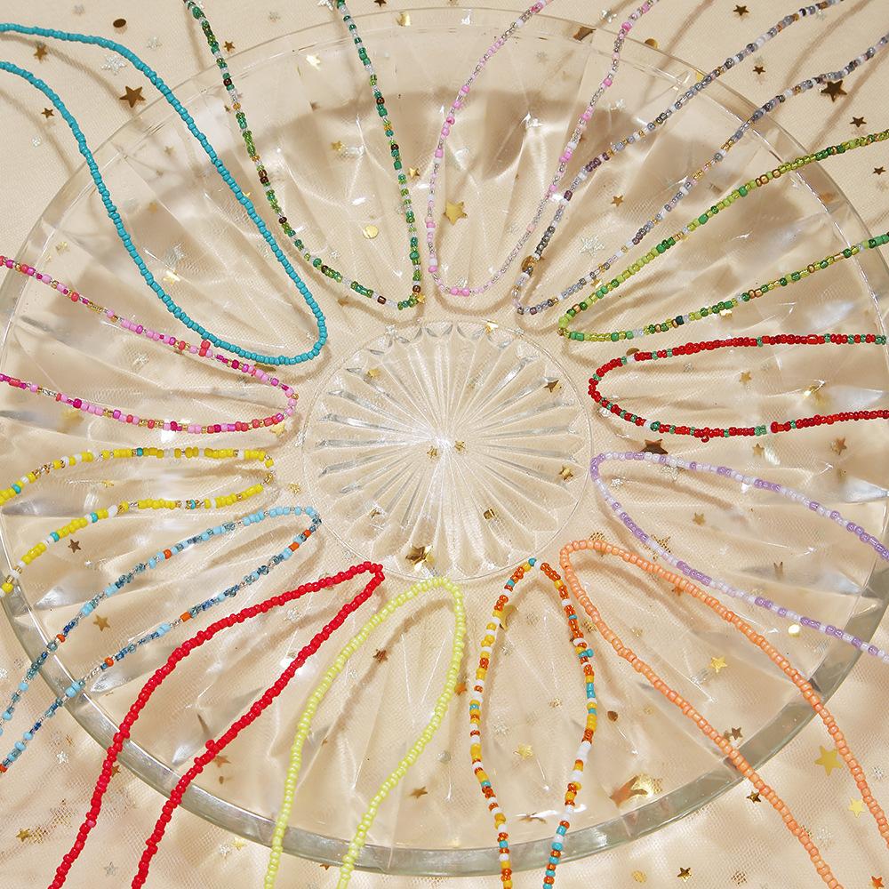 Korean Version Sweet Dopamine Millet Bead Necklace with Steel Wire, Girly Style Rainbow-Colored Glass Rice Bead Choker