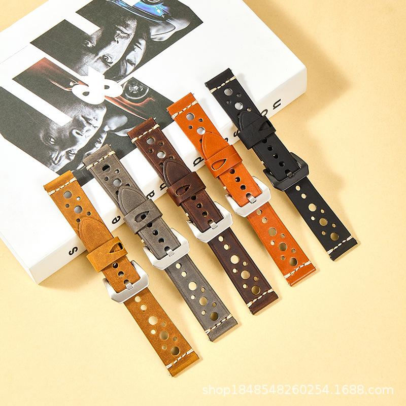Vintage high-end Crazy Horse top-grain leather watch strap suitable for Fat Sea 24MM, perforated, breathable, quick-release leather strap wholesale