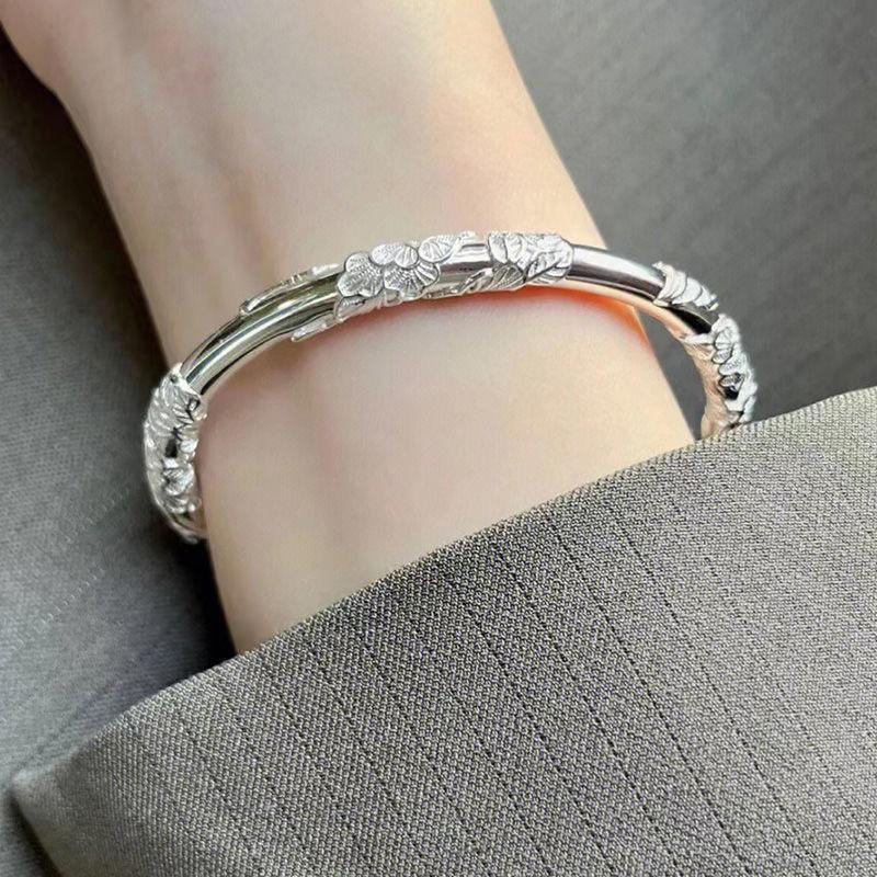 Flowers Like Brocade Silver Bracelet, Solid Filigree, Bird Feather Push-pull Bracelet, Non-fading, Valentine's Day Gift for Girlfriend