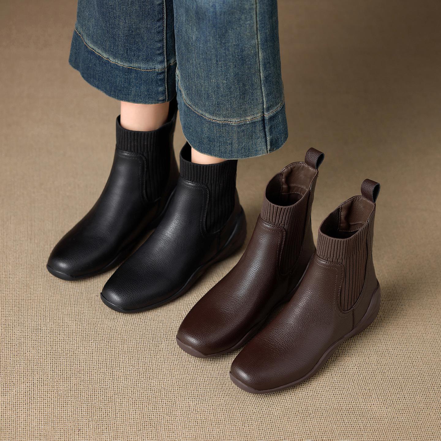 Women's short boots for autumn and winter, soft-soled genuine leather boots, Martin boots, stretch sock boots, slim-fit commuter boots, Chelsea boots