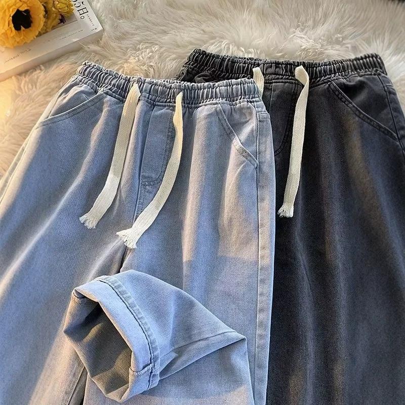 Cross-border foreign trade Hong Kong style drawstring jeans for men, autumn high-end versatile loose American high street straight pants