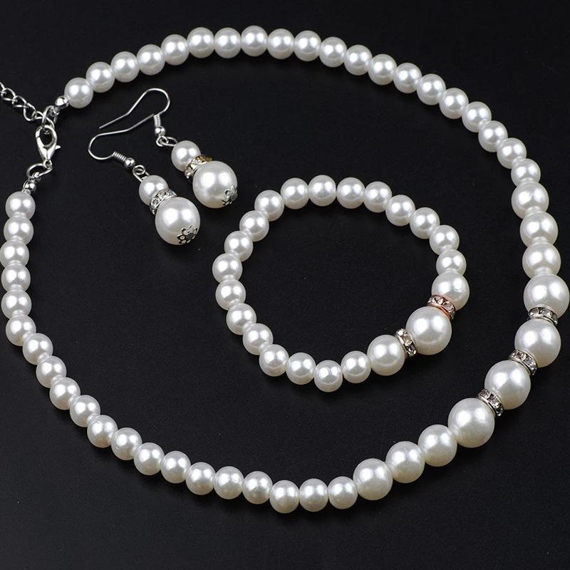 Cross-border jewelry new bridal sweater chain necklace set diamond artificial pearl necklace earring bracelet suit