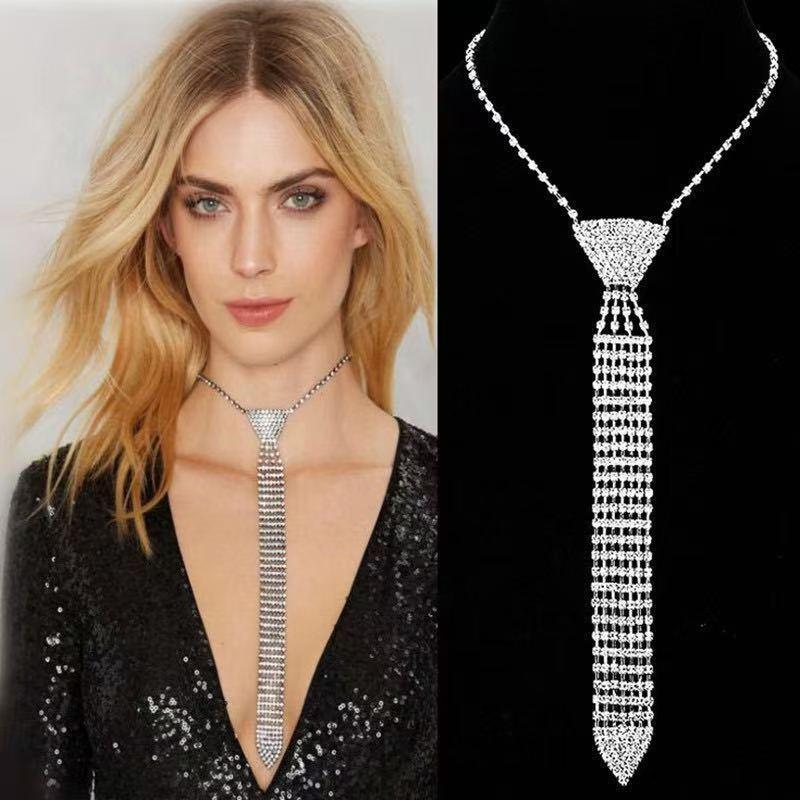 European and American Cross-Border Popular Tie Necklace Bridal Accessories Fashion Rhinestone Bow Tie Necklace Claw Chain Jewelry Neckpiece Accessories
