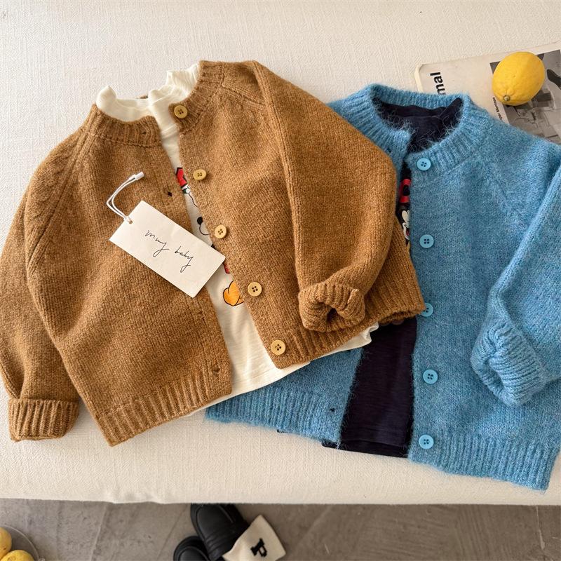 Children's Sweater 2026 Autumn New Collection: Solid Color Crew Neck Cardigan for Boys and Girls, Versatile Sweater Jacket for Babies