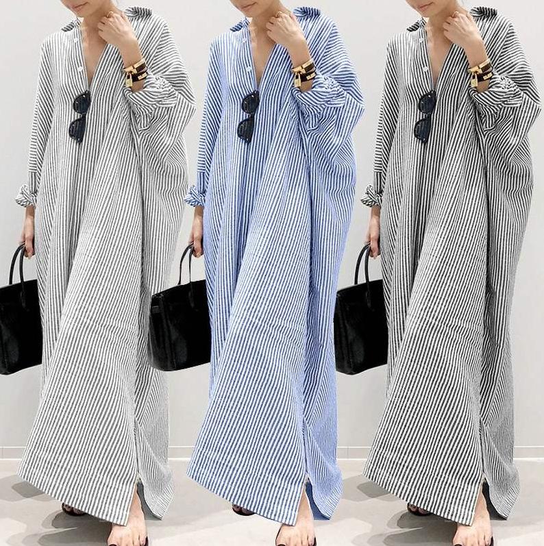 Cross-Border European and American New Women's Plus Size Dress Loose Striped Print Fashion Women's Large Size Long Skirt Cardigan